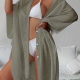 Women'S Vibrant Teal Beach Cover-Up Dress - Loose Fit, Long Sleeve, Button-Up Front with Chest Pockets, Lightweight Polyester for Summer Vacation & Sun Protectio - Image 2