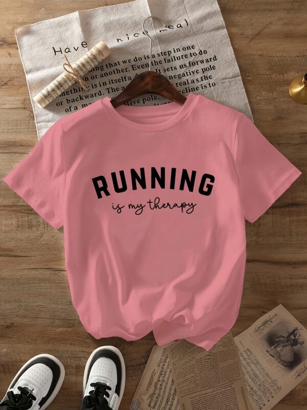 Women's "RUNNING is my Relax" Graphic T-Shirt - Black with White Letter Print, Short Sleeve Crew Neck Casual Top, Breathable Summer & Spring Tee for Running, Gym & Casual Attire, Workout Clothing, Sporty Style, Quality Stitching, Printed Shirt, Women - Image 2