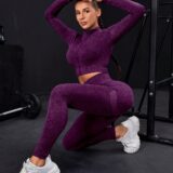 Seamless Thumb Hole Zip-Up Yoga Set - Stretchy, Breathable Activewear in Vibrant Purple, High Waist, Full Body Workout, Fitness &Stretching|Thumbhole Top|Zipper Detail